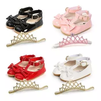 Для маленьких девочек на мягкой подошве с бантом свадебное платье принцессы Мэри Джейн на плоской подошве Prewalker Кроссовки для новорожденных с повязкой на голову с короной От 0 до 18 месяцев 0-6/S