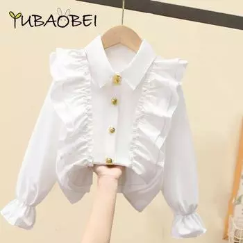 Для малышей, девочки, белая рубашка с длинным рукавом, кружевные топы для девочек, школьная форма, блузка, детская одежда 150 белый