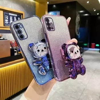 Для Moto G8 милый блестящий медведь держатель кронштейн покрытие чехол для телефона для Motorola Moto E7 G 8 G9 Plus power G9play подставка чехол Moto G8 Play&Case & Holder синий