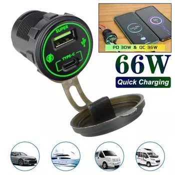 Для мотоцикла, автомобиля, лодки, автофургона, морское зарядное устройство, быстрая зарядка, универсальное зарядное устройство USB C 30 Вт и USB A 36 Вт, USB-разъем 66 Вт, 12-24 В, быстрая зарядка автомобиля Green