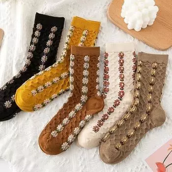 Для мужчин Личность Harajuku Lolita Женские чулочно-носочные изделия Женские носки Носки средней длины Носки с цветком маргаритки кофейный