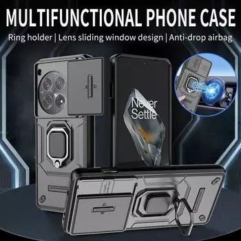Для OnePlus 12 5G чехол слайдер камера защитный бронированный чехол для телефона для Oneplus12 One Plus 12 5G магнитное металлическое кольцо подставка задняя крышка For OnePlus 12 чёрный