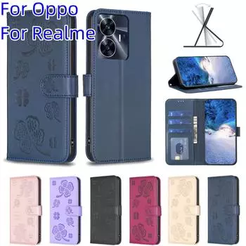 Для Oppo A38, A18, A58, A98, A78, Realme C55, C53, C33, Find X6, A57 4G... Lucky Grass, четырехлистный клевер, чехол из искусственной кожи с откидной подставкой и бумажником, чехол для телефона Oppo A92 чёрный