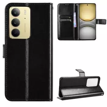 Для OPPO Realme C75 чехол роскошный флип PU кожаный кошелек ремешок подставка чехол для Realme C63 C61 C67 C65 C53 C55 C33 C30 C31 телефон сумки OPPO Realme C75 чёрный