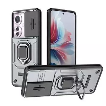 Для Oppo Reno 12 11 F F25 Pro Battle Bear Slide Push Window TPU + PC противоударный металлический чехол с магнитной адсорбцией для автомобиля Reno11 F чёрный