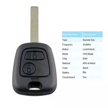 Для Peugeot 107 207 307 Citroen C1 2 кнопки автомобильный дистанционный ключ-брелок 433 МГц ID46 чип