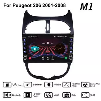 Для Peugeot 206 2001-2008 с кнопкой Android автомобильный радиоприемник мультимедийный плеер навигация стерео GPS 2 Din 1 + 16 ГБ 1+16GB
