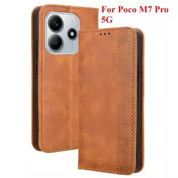 Для Poco M7 Pro 5G Flip Luxury Retro Skin Leather Case Wallet Book Magnet Full Cover для Xiaomi Poco M7 Pro 5G X7 Pro M6 X6 NEO X5 Phone Bags Poco M7 Pro 5G чёрный