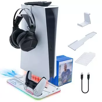 для PS5 Digital/Disc зарядная подставка охлаждающая станция с Gmae CD хранилище RGB светодиодная станция быстрой зарядки для Playstation 5 белый