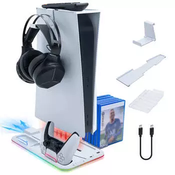 для PS5 Digital/Disc зарядная подставка охлаждающая станция с Gmae CD хранилище RGB светодиодная станция быстрой зарядки для Playstation 5 чёрный