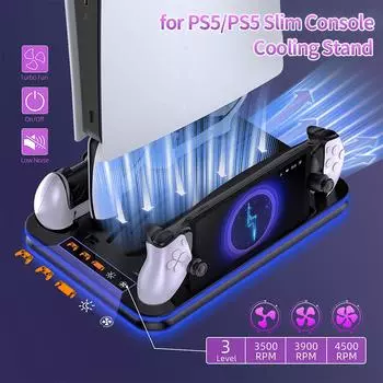 Для PS5 Тонкая охлаждающая подставка с RGB-подсветкой, вентилятором Для консоли PS5 Дисковые и цифровые издания Контроллер PS5 Док-станция для зарядки двух контроллеров