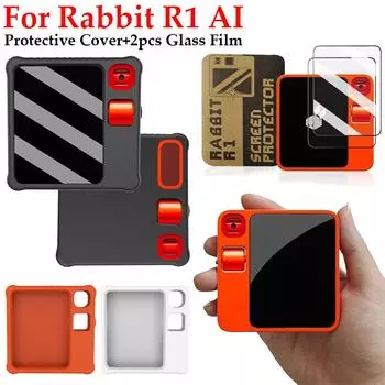 Для Rabbit R1 2 шт. закаленное стекло пленка + силиконовый чехол 2,88-дюймовый Ultra HD протектор экрана + защитный чехол для Rabbit R1 AI PC