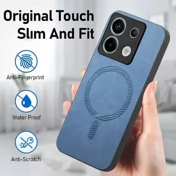 Для Redmi Note 14 Pro Plus Note14 5G Роскошный кожаный чехол для беспроводной магнитной зарядки Magsafe Противоударный чехол для Redmi Note 14pro 13 Pro + Redmi Note 13 5G чёрный