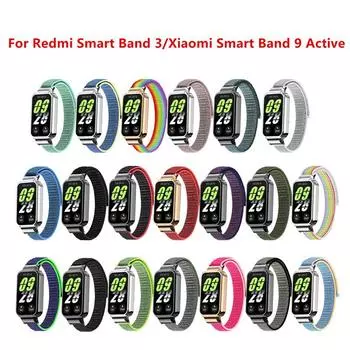 Для Redmi Smart Band 3 ремешок защитный чехол нейлоновая петля браслет для Xiaomi Smart Band 9 активный браслет + металлический защитный корпус светло-зеленый