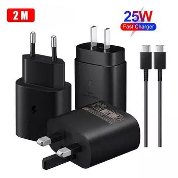 Для Samsung 25 Вт супер быстрое зарядное устройство Usb Type C Cargador для Galaxy S23 S20 S21 S22 S23 S24 Plus A54 A34 адаптер для Z Flip 5 3 раза 5 3 4 EU charger cable(2M) белый