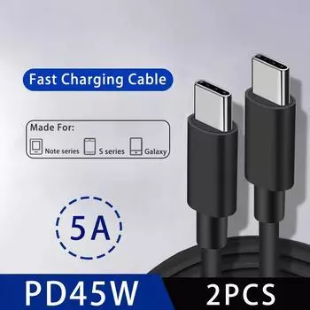 Для SAMSUNG 2 шт. PD 45 Вт 5A USB C кабель для Samsung Galaxy S22 S23 S24 S21 S20 Ultra Note 20 10 A53 A54 A53 A34 14 A72 USB C кабель для быстрой зарядки данных 1m-1pc чёрный