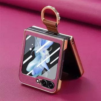 Для Samsung Flip 5 Bling Ring Holder Кожаный чехол для Samsung Galaxy Z Flip 5 Flip5 Zflip5 Закаленное стекло Flim Coque for Samsung Z Flip 5