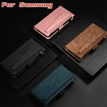 Для Samsung Galaxy A14/A25/A24/A32/A33/M13/M14/M54/Note20/S20/S21/S22/S23... Матовый кожаный кошелек в стиле ретро с несколькими картами, чехол для телефона с защитой от кражи и кистью Samsung Galaxy A35 5G розовый