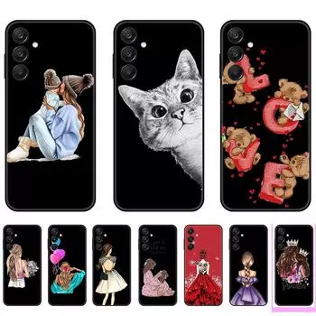 Для Samsung Galaxy A25 милый чехол для девочек - черный тонкий антицарапающий мягкий чехол для телефона TPU, ударопрочный защитный чехол белый