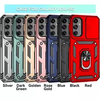 Для Samsung Galaxy A34 (5G) Бронированный чехол для телефона Защита объектива камеры Металлическое кольцо-подставка Противоударный чехол Samsung Galaxy A34 (5G) розового золота