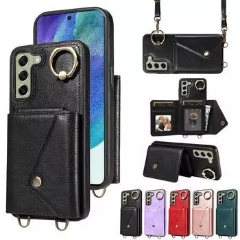 Для Samsung Galaxy S21 FE 5G (Не применимо к Galaxy S21) Плечевой ремень, кольцо, кронштейн, держатель для карт, слоты, чехол для телефона с узором личи Samsung Galaxy S21 FE 5G чёрный