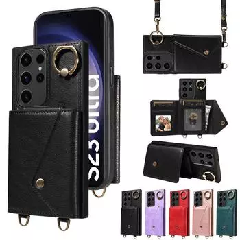 Для Samsung Galaxy S23, Galaxy S23+, S23 Ultra, S23 FE плечевой ремень веревка кольцо кронштейн дизайн держатель для карт слоты личи узор чехол для телефона Samsung Galaxy S23 FE чёрный