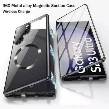 Для Samsung Galaxy S23 S22 Ultra/iphone 15 14 13 12 Pro Max Чехол Магнитная беспроводная зарядка 360 ° Металлический сплав Полный объемный экран Защитная крышка из стекла For Samsung S23Ultra чёрный