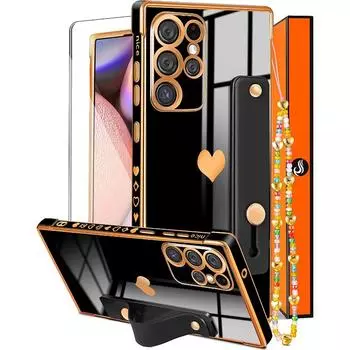 Для Samsung Galaxy S23 Ultra Чехол Сердце Женщины Девушки Симпатичные Роскошные Довольно Эстетические чехлы для телефонов с подставкой Покрытие Love Hearts Экран + Цепочка for Samsung Galaxy S23 Ultra розовый