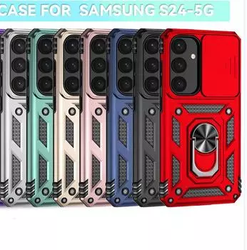 Для Samsung Galaxy S24 Бронированный чехол для телефона Защита объектива камеры Металлическое кольцо-подставка Противоударный чехол Samsung Galaxy S24 розового золота