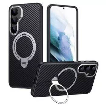 Для Samsung Galaxy S24+ Чехол Совместимый с MagSafe PC+TPU Чехол для телефона Держатель-кольцо Текстура углеродного волокна Black Silver