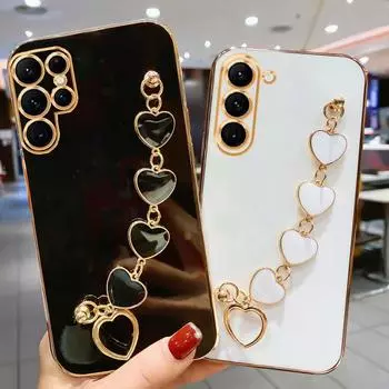 Для Samsung Galaxy S24 Plus Ultra S23 FE S22 S21 5g Luxury Plating Love Heart Bracelet Chain Case On S24Ultra S 24 S23Plus Cover S24