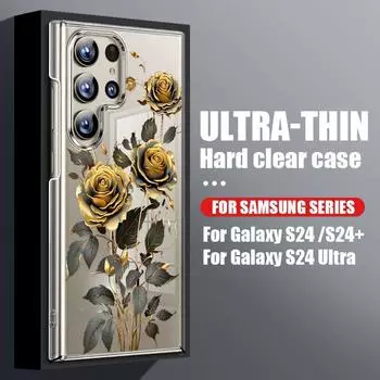 Для Samsung Galaxy S24 S22 Ultra Plus S23 S21 S20 Fe A55 A54 A52 A35 A15 5g Цветочный прозрачный глянцевый жесткий чехол для ПК Samsung S24 золотой