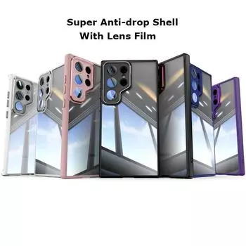 Для Samsung Galaxy S24 S23 FE Plus Ultra Metal Armor Back прозрачный закаленный чехол с полным покрытием и пленкой для объектива, супер защитный чехол от падений S23 чёрный