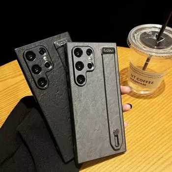 Для Samsung Galaxy S24 S23 Plus S22 Ultra Защита объектива Мягкий ТПУ Hybird Pu Обычный квадратный противоударный тонкий чехол с ручным ремешком Samsung S24 Ultra чёрный