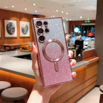 Для Samsung Galaxy S24 S23 S22 S21 S20 Plus Note 20 Ultra S20FE S21FE S23FE блестящий магнитный чехол Magsafe, мягкий блестящий женский чехол For Galaxy S24 синий