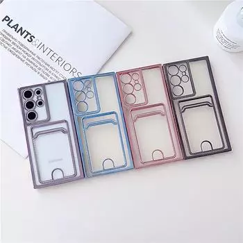 Для Samsung Galaxy S24 S23 S22 S21 FE Plus Ultra Plating Transparent TPU Push-Mouth Insert Card Slot Wallet Bag Holder Back Cover Shell Case S21 чёрный