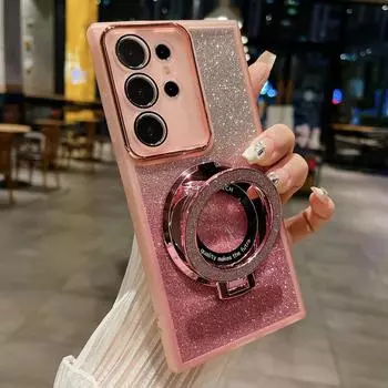 Для Samsung Galaxy S24 Ultra Bling Ring Holder Чехол из ТПУ Блестящий магнитный чехол из ТПУ для Galaxy S23 FE S22 S21 Ultra For Galaxy S24 серый