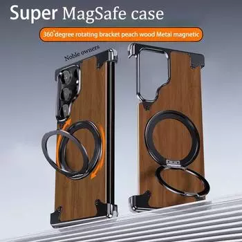 Для Samsung Galaxy S24 Ultra чехол вращающийся на 360° кронштейн Magsafe магнитный держатель телефона ореховое дерево металлический каркас защитный чехол For Samsung S24 Ultra