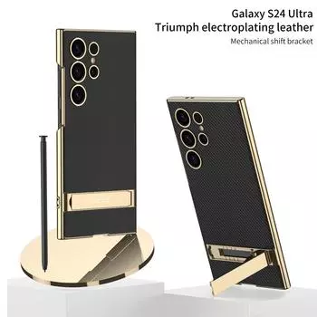 Для Samsung Galaxy S24 Ultra Plus Роскошный чехол с гальваническим покрытием и золотой каймой, простой кожаный кронштейн, противоударная задняя крышка, аксессуары for Galaxy S24 Ultra&case only(no pen)