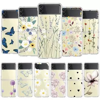 Для Samsung Galaxy Z Flip3 Flip4 Flip 4 3 5g Прозрачный цветок Жесткий чехол для Samsung Galaxy Zflip3 Zflip4 Cat Fundas Coque ForGalaxyZFlip3(5G)
