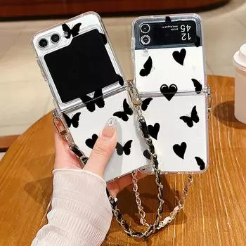 Для Samsung Galaxy Z Flip6 Flip5 Flip4 Flip3 с узором бабочки, ремешок через плечо, противоударный, 2 шт., складной прозрачный тонкий чехол Samsung Z Flip6 чёрный