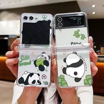 Для Samsung Galaxy Z Flip6 Flip5 Flip4 Flip3 противоударный мультяшный панда узорчатый 3шт складной жесткий ПК прозрачный чехол крышка Samsung Z Flip6