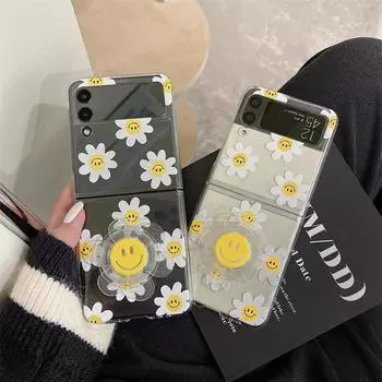 Для Samsung Galaxy Z Flip 3 5g милые чехлы для телефонов с цветком ромашки для Galaxy Zflip3 прозрачное расширение с цветочной ручкой-держателем крышка Капа For Z Flip 3