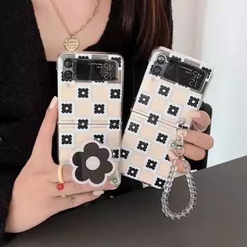 Для Samsung Galaxy Z Flip 3 чехол в клетку с браслетом для Samsung Z Flip 4 Zflip4 подставка-держатель цветок жесткий ПК прозрачный чехол Samsung Z Flip 3