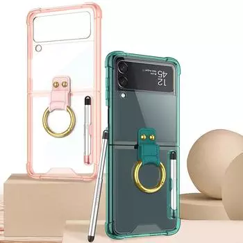 Для Samsung Galaxy Z Flip 3 Flip 4 чехол с кольцевым кронштейном Flip4 Flip3 Zflip3 Zflip4 5g складной прозрачный защитный чехол против падения For Galaxy Z Flip 4 зелёный