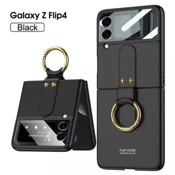 Для Samsung Galaxy Z Flip 4 3 Чехол Роскошный ультратонкий кожаный чехол с кольцом-кронштейном для объектива Противоударная защита Жесткая задняя крышка For Samsung Z Flip 4 чёрный