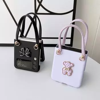 Для Samsung Galaxy Z Flip 4 3 5g чехол модный корейский 3d медвежий бант с узлом ремешок на руку портативный ремешок жесткий корпус из ПК для сумки Z Flip3 For SAM Z Flip4 фиолетовый