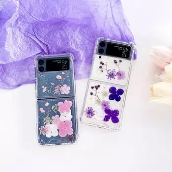 Для Samsung Galaxy Z Flip 4 3 Flip4 чехол прозрачный блестящий настоящий цветок прозрачный противоударный защитный жесткий чехол аксессуары For Samsung Z Flip 4