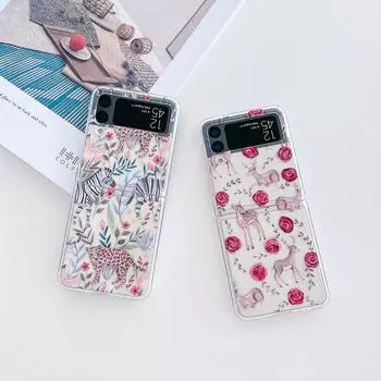 Для Samsung Galaxy Z Flip 4 3 Flip4 Flip3 Чехол Джунгли Леопард Роза Олень окрашен Прозрачная Ударопрочная Складная Жесткая Задняя Крышка For Samsung Z Flip 3