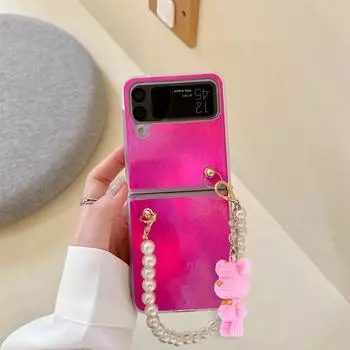 Для Samsung Galaxy Z Flip 4 5g Роскошный цветной чехол Aurora с жемчужной цепочкой и подвеской в виде медведя с лазерным градиентом, блестящий чехол с защитой от падения For Galaxy Z Flip 4 серый